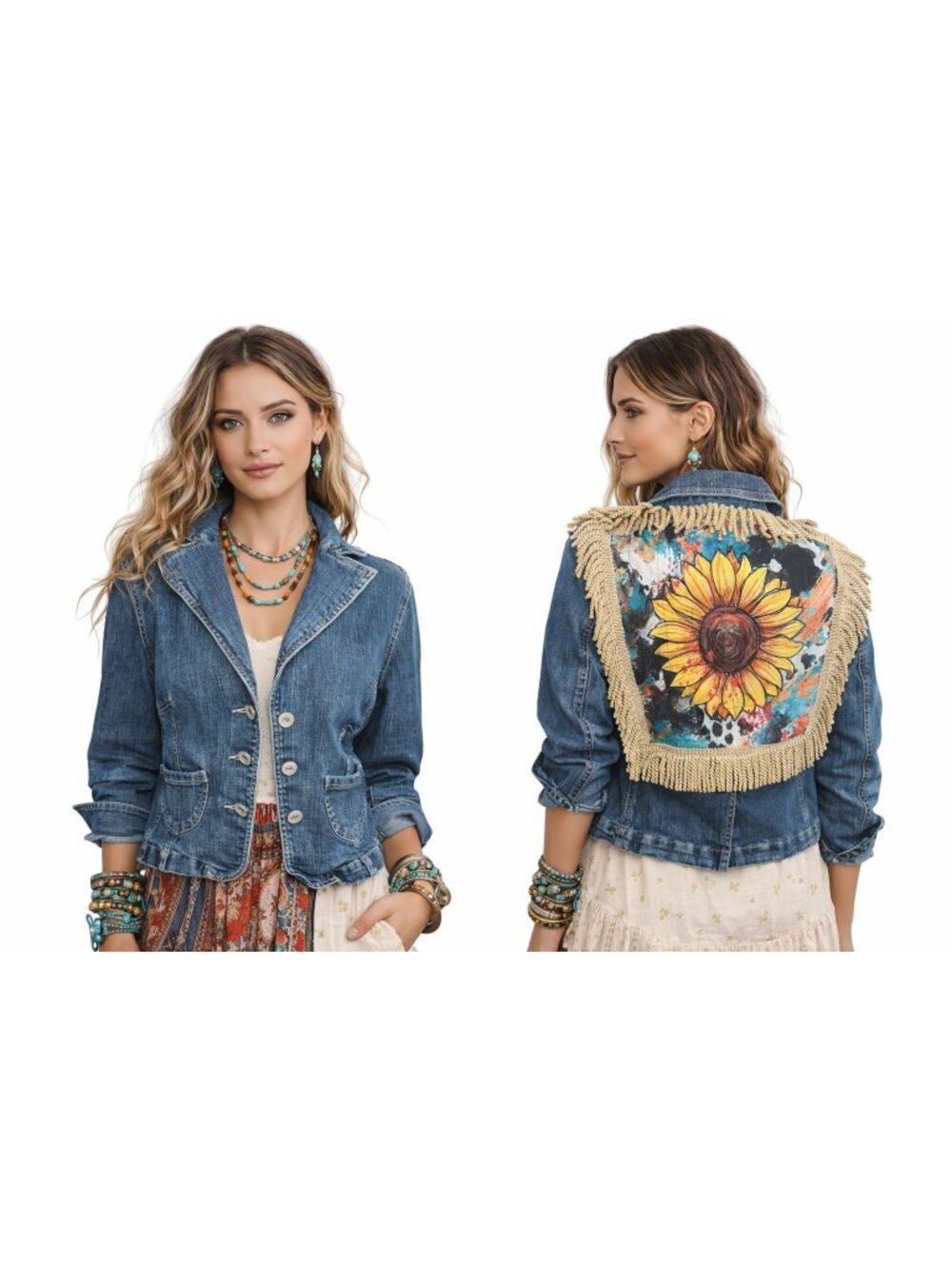 NWT J&J Originals Womens Denim Boho Artsy Retro Jacket Sunflower Fringe Detail M